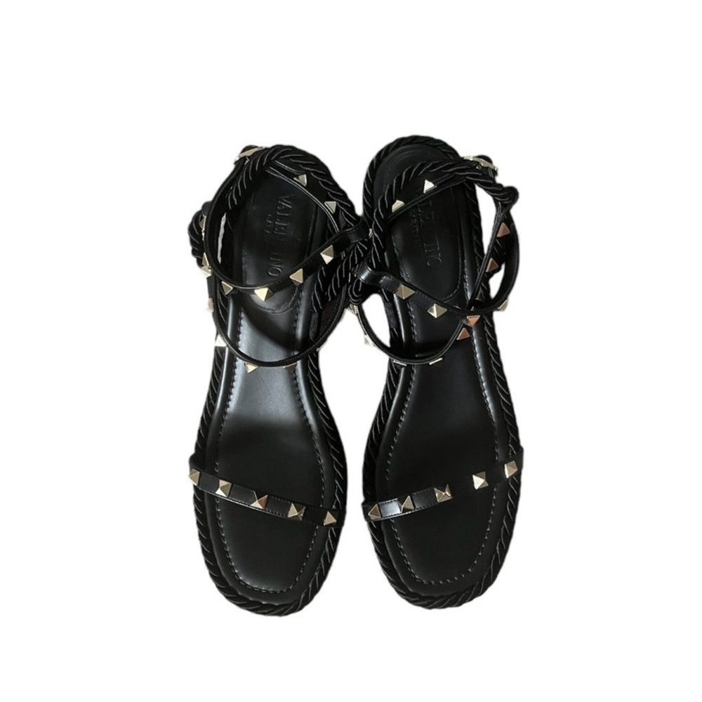Valentino Garvani Rockstud Leather Rope Ankle Strap Sandals 65 MM Heel Black 39 - Picture 12 of 16